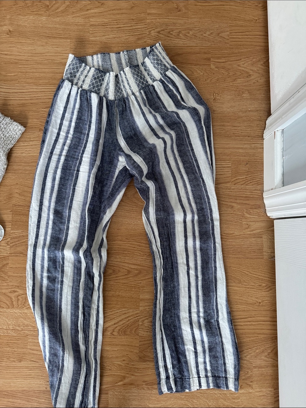 Blue and White Striped Casual Pull-On Pants